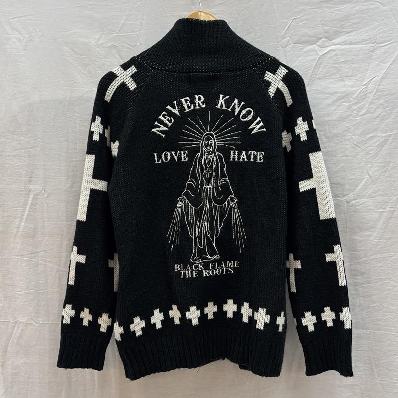 BLACK FLAME BLACK FLAME カーディガン 長袖 マリア 刺繍 クロス 十字架 ショールカラー アクリル カーディガン 15 1/2 - メンズ USED 古着 中古 50162956