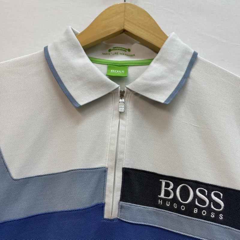 ヒューゴボス HUGO BOSS ポロシャツ 半袖 カラー ブロック デザイン 胸元 ブランド ロゴ M ロゴ、文字 白 / ホワイト / white X 青 / ブルー / blue メンズ USED 古着 中古 50163072