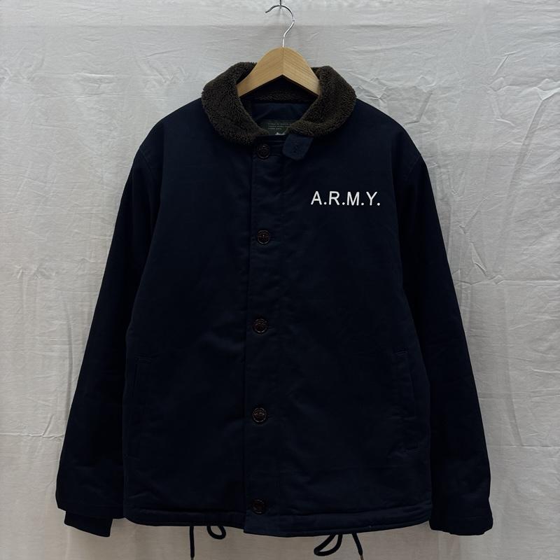 古着 USED ジャケット、上着 ジャンパー、ブルゾン N-1タイプ ミリタリー デッキ ジャケット 裏ボア ARMY プリント L 紺 / ネイビー / navy メンズ USED 古着 中古 50163084