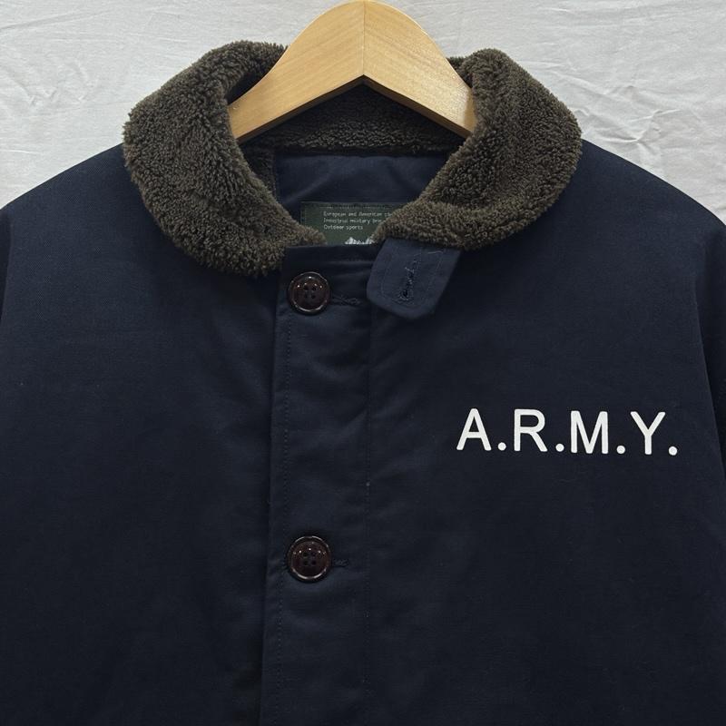 古着 USED ジャケット、上着 ジャンパー、ブルゾン N-1タイプ ミリタリー デッキ ジャケット 裏ボア ARMY プリント L 紺 / ネイビー / navy メンズ USED 古着 中古 50163084