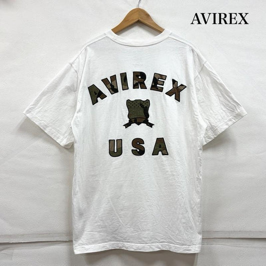 アヴィレックス AVIREX Tシャツ 半袖 50 anniversary アニバーサリー バーシティ カモ 迷彩 ロゴ 半袖 Tシャツ USA XL ロゴ、文字 X 刺繍 白 / ホワイト / white X カーキ / カーキ / khaki メンズ USED 古着 中古 50163126