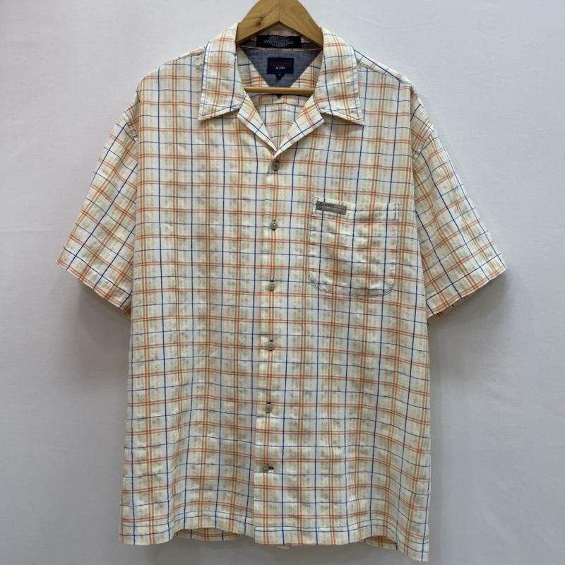 トミー ジーンズ TOMMY JEANS シャツ、ブラウス 半袖 チェック柄 カジュアル シャツ 胸元 ブランド ロゴ パッチ 胸ポケット L チェック 白 / ホワイト / white X 黄 / イエロー / yellow X 橙 / オレンジ / orange メンズ USED 古着 中古 50163151
