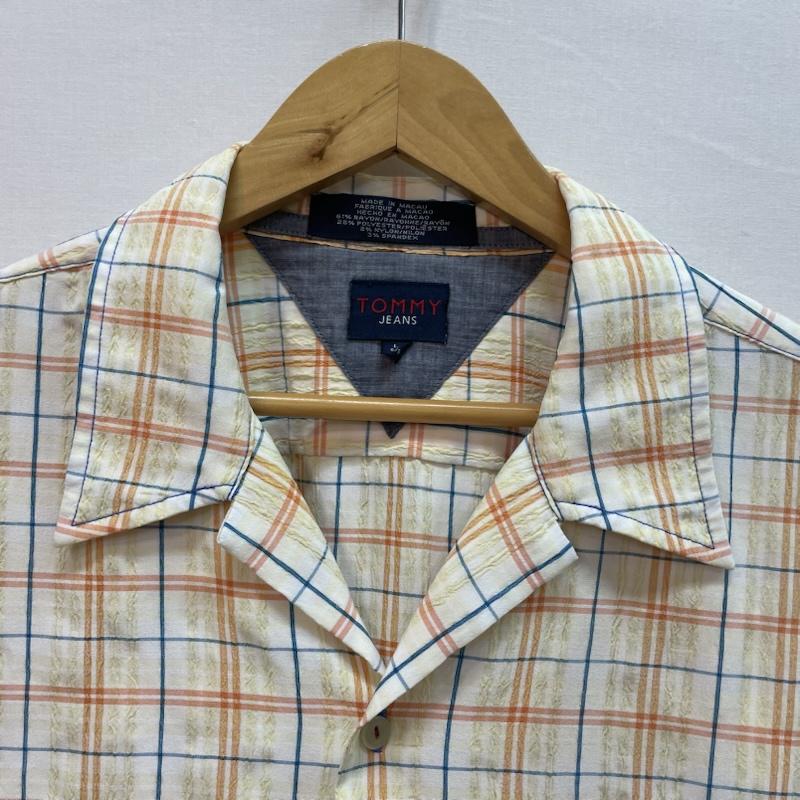 トミー ジーンズ TOMMY JEANS シャツ、ブラウス 半袖 チェック柄 カジュアル シャツ 胸元 ブランド ロゴ パッチ 胸ポケット L チェック 白 / ホワイト / white X 黄 / イエロー / yellow X 橙 / オレンジ / orange メンズ USED 古着 中古 50163151