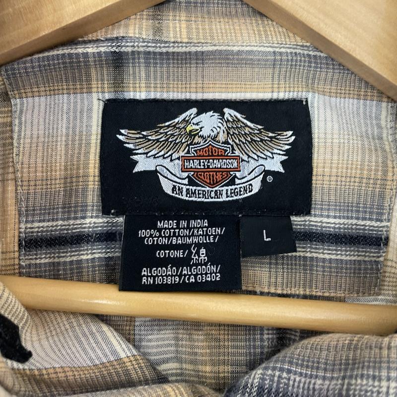 ハーレーダビッドソン Harley-Davidson シャツ、ブラウス 半袖 半袖 チェック シャツ イーグル グラフィック プリント L チェック X アニマル柄 X プリント 黄 / イエロー / yellow X ベージュ / ベージュ / beige X 黒 / ブラック / black X 灰 / グレー / gray メンズ USED 古着 中古 50163154