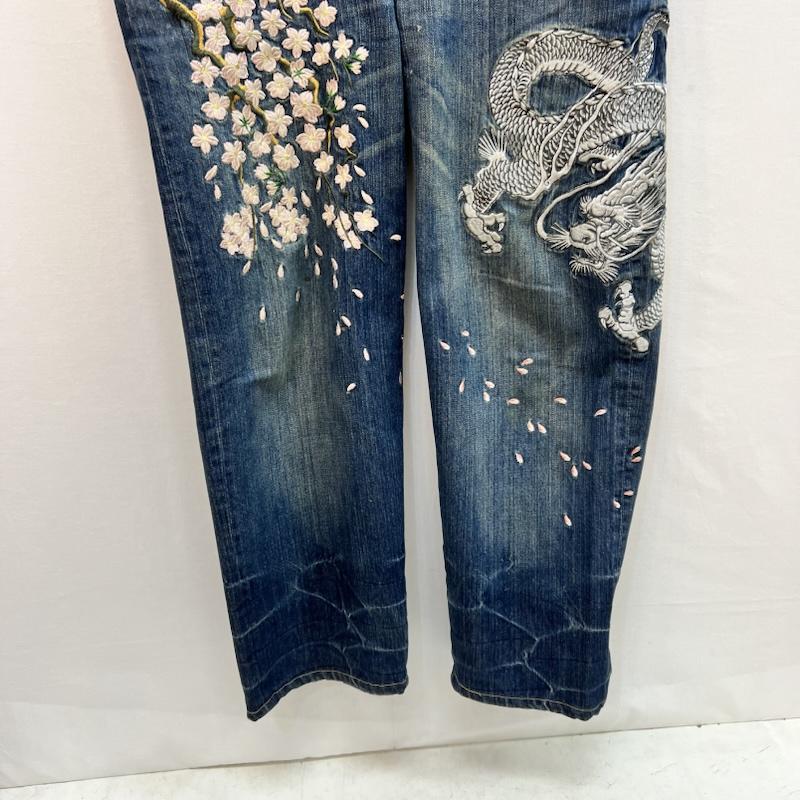 ヒャッカリョウラン 百花繚乱 パンツ デニム、ジーンズ 雅結 龍 桜 和柄 刺繍 デニムパンツ 36インチ メンズ USED 古着 中古 50163212