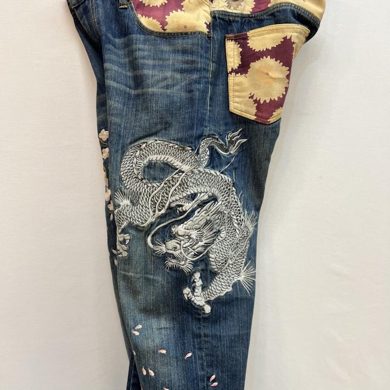 ヒャッカリョウラン 百花繚乱 パンツ デニム、ジーンズ 雅結 龍 桜 和柄 刺繍 デニムパンツ 36インチ メンズ USED 古着 中古 50163212