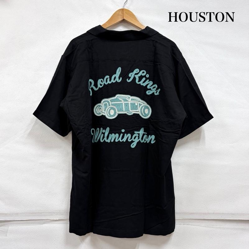 ヒューストン HOUSTON シャツ、ブラウス 半袖 半袖 ボーリングシャツ 開襟 オープンカラー ロゴ チェーン刺繍 レーヨン XL ロゴ、文字 X 刺繍 黒 / ブラック / black X 水色 / ライトブルー / メンズ USED 古着 中古 50163227