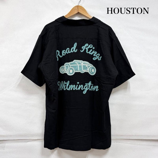ヒューストン HOUSTON シャツ、ブラウス 半袖 半袖 ボーリングシャツ 開襟 オープンカラー ロゴ チェーン刺繍 レーヨン XL ロゴ、文字 X 刺繍 黒 / ブラック / black X 水色 / ライトブルー / メンズ USED 古着 中古 50163227