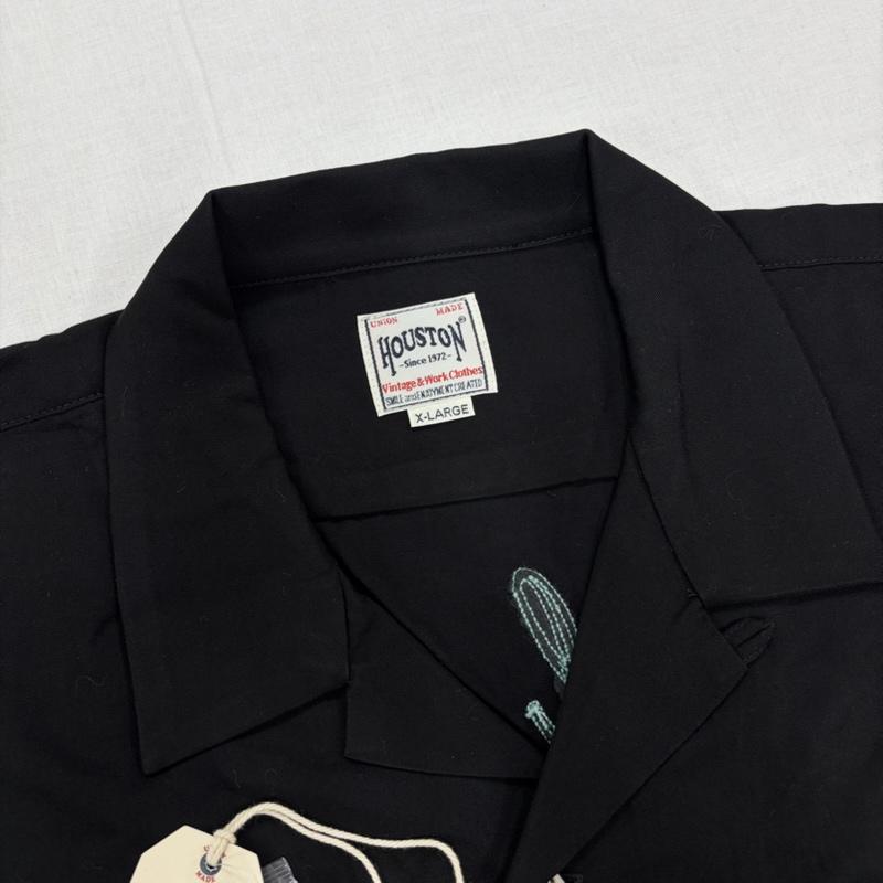 ヒューストン HOUSTON シャツ、ブラウス 半袖 半袖 ボーリングシャツ 開襟 オープンカラー ロゴ チェーン刺繍 レーヨン XL ロゴ、文字 X 刺繍 黒 / ブラック / black X 水色 / ライトブルー / メンズ USED 古着 中古 50163227