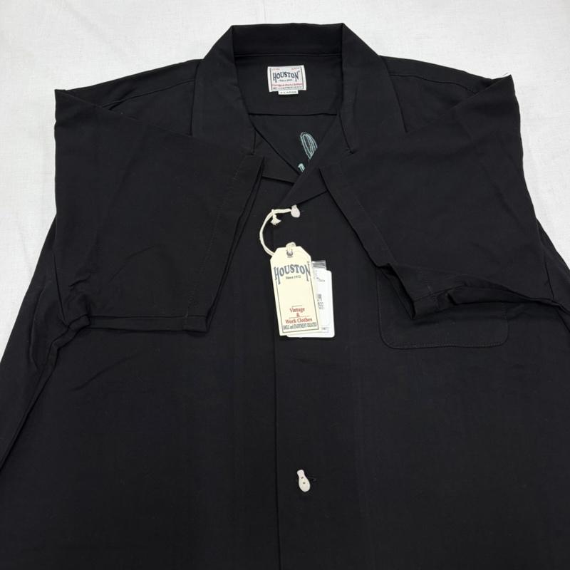 ヒューストン HOUSTON シャツ、ブラウス 半袖 半袖 ボーリングシャツ 開襟 オープンカラー ロゴ チェーン刺繍 レーヨン XL ロゴ、文字 X 刺繍 黒 / ブラック / black X 水色 / ライトブルー / メンズ USED 古着 中古 50163227