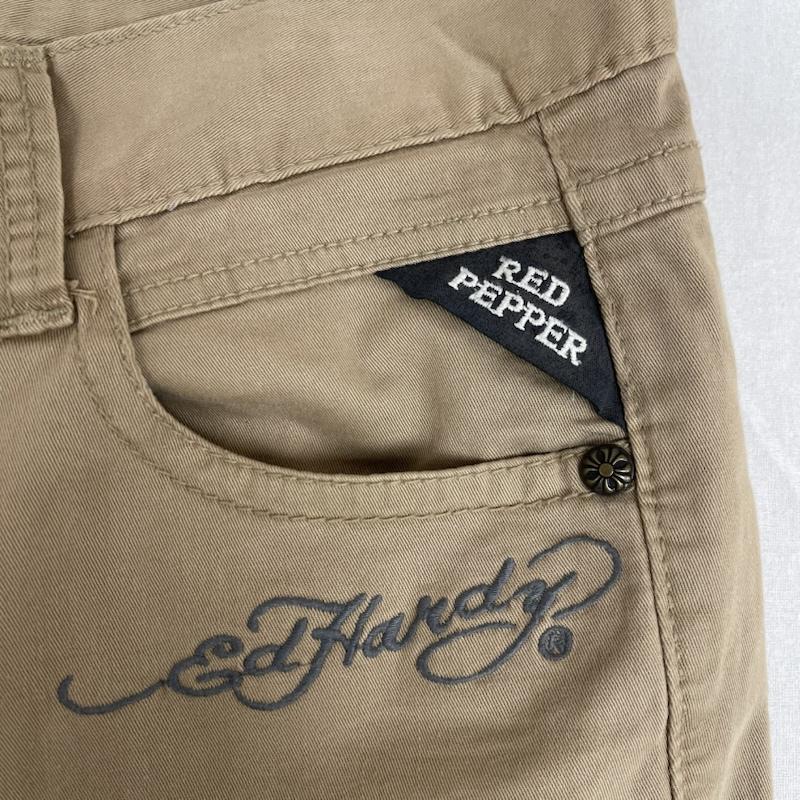 レッドペッパー RED PEPPER パンツ ワークパンツ、ペインターパンツ Ed Hardy コラボ ドクロ スカル 刺繍 コットン ストレート パンツ 32インチ ベージュ / ベージュ / beige メンズ USED 古着 中古 50163261