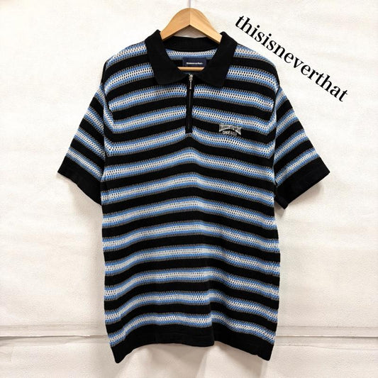 古着 USED ポロシャツ 半袖 thisisneverthat ディスイズネバーザット 半袖 ニット ポロ シャツ ボーダー ロゴ 刺繍 ハーフジップ M ボーダー柄 X ワンポイント X ロゴ、文字 X 刺繍 黒 / ブラック / black X 青 / ブルー / blue X 灰 / グレー / gray メンズ USED 古着 中古 50163333