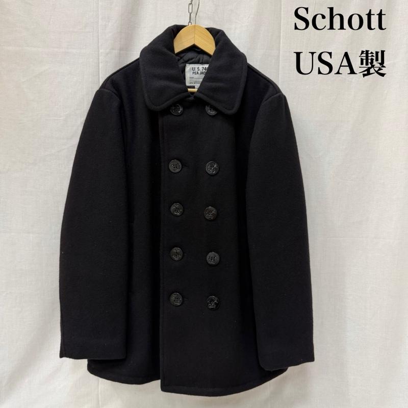 ショット schott コート ピーコート 90s 740N USA製 PEA COAT 10ボタン仕様 裏地キルティング(中綿入り) black SIZE:40(L～XL) 40 無地 黒 / ブラック / black メンズ USED 古着 中古 50163431