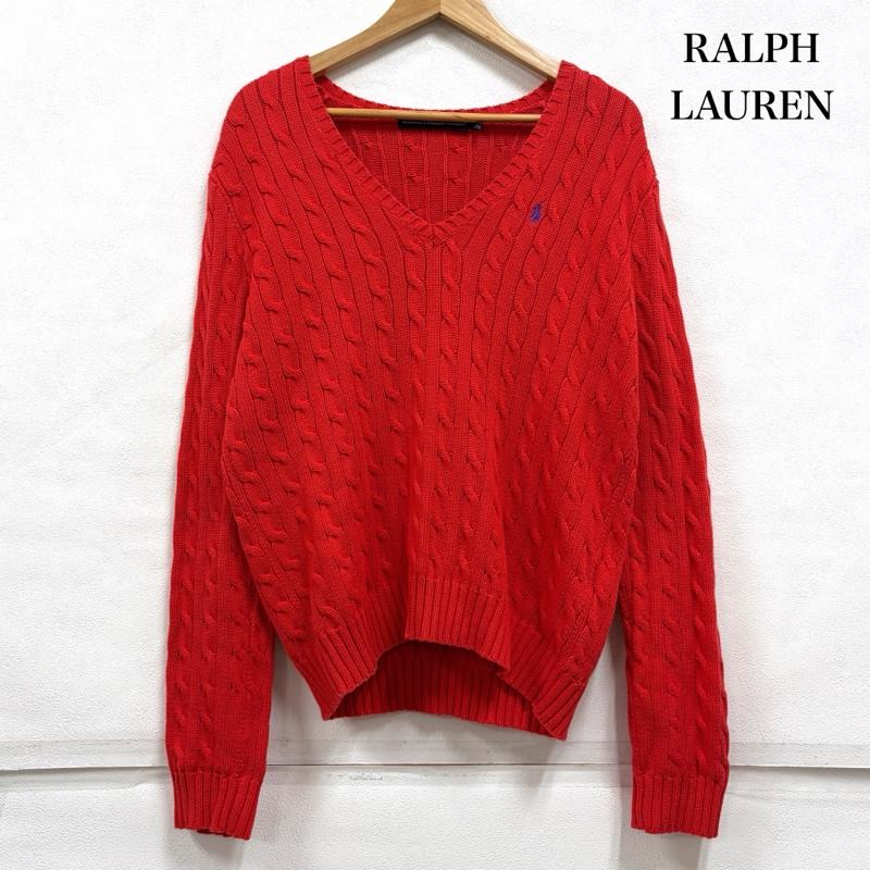 ラルフローレンスポーツ RALPH LAUREN SPORT ニット、セーター 長袖 Vネック ケーブルニット セーター ポニー刺繡 XL ワンポイント X ロゴ、文字 X 刺繍 赤 / レッド / red X 紫 / パープル / purple メンズ USED 古着 中古 50163596