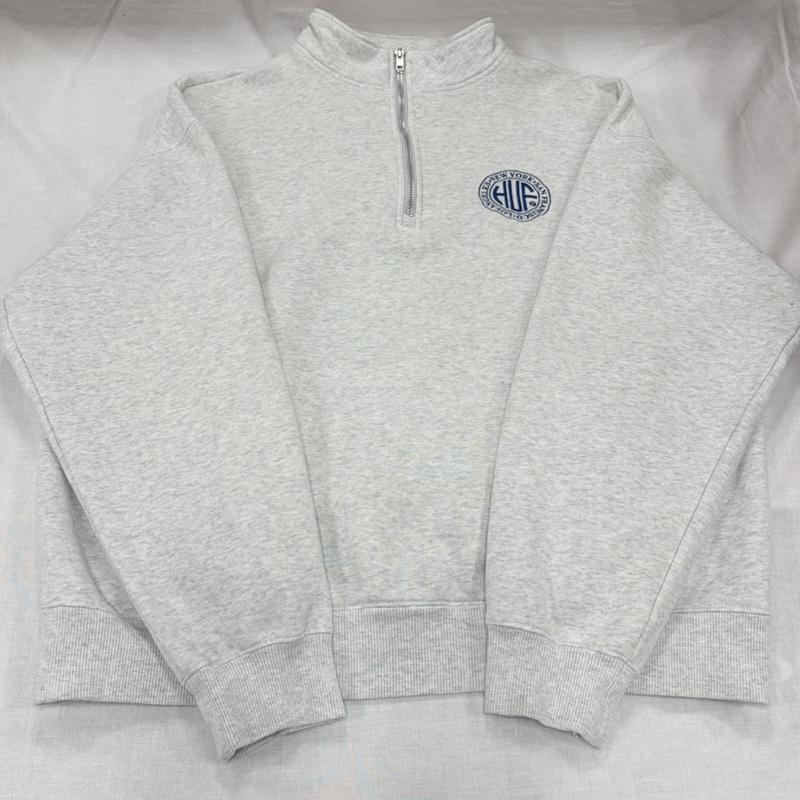 ハフ HUF トレーナー 長袖 長袖 ハーフジップ スウェット トレーナー サークルロゴ 刺繍 L ワンポイント X ロゴ、文字 X 刺繍 灰 / グレー / gray X 紺 / ネイビー / navy メンズ USED 古着 中古 50163602