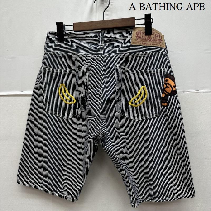 アベイシングエイプ A BATHING APE パンツ ショートパンツ BAPE MILO マイロ 刺繍 ヒッコリー ストライプ デニム ハーフ パンツ S インディゴ / インディゴ / Indigo X 白 / ホワイト / white メンズ USED 古着 中古 50163682