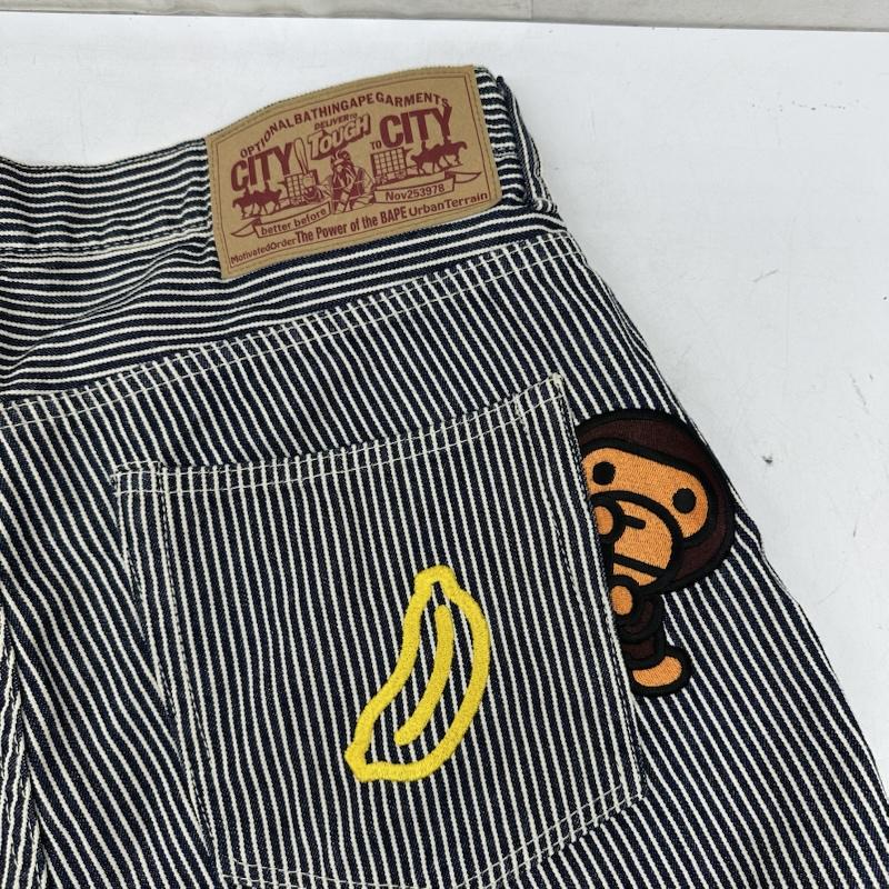 アベイシングエイプ A BATHING APE パンツ ショートパンツ BAPE MILO マイロ 刺繍 ヒッコリー ストライプ デニム ハーフ パンツ S インディゴ / インディゴ / Indigo X 白 / ホワイト / white メンズ USED 古着 中古 50163682
