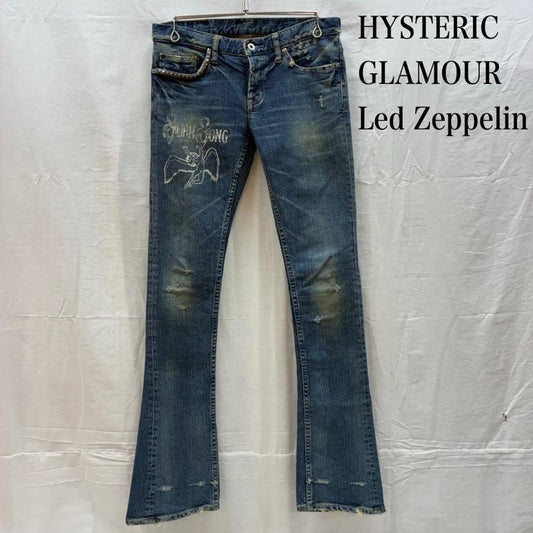 ヒステリックグラマー HYSTERIC GLAMOUR パンツ デニム、ジーンズ Hysterics レッドツェッペリン 00s スタッズ ペイント クラッシュ フレア ブーツカット デニムパンツ Y2K S レディース USED 古着 中古 50163752