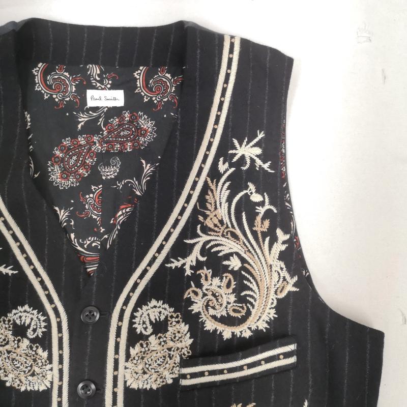 ポールスミス Paul Smith ベスト ベスト ピンストライプ フローラル ペイズリー 刺繡 ベロア ベスト 黒 / ブラック / black メンズ USED 古着 中古 50163769