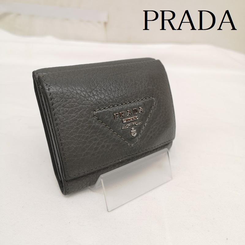 プラダ PRADA 財布 コンパクト財布 三折財布 ヴィッテロダイノ レザー ミニ財布 - 灰 / グレー / gray レディース USED 古着 中古 50163815