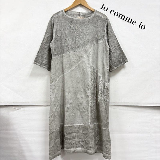 イオコムイオ io comme io ワンピース ロングスカート SENSO UNICO センソユニコ 半袖 デザイン ワンピース 刺繍 ロング サイド ポケット フリル ドット コットン リネン 38 総柄 灰 / グレー / gray X 黒 / ブラック / black レディース USED 古着 中古 50163898