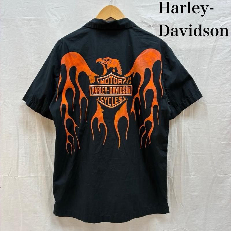 ハーレーダビッドソン Harley-Davidson シャツ、ブラウス 半袖 イーグル ファイヤー プリント 半袖 オープンカラー ボックス シャツ S 黒 / ブラック / black メンズ USED 古着 中古 50163932