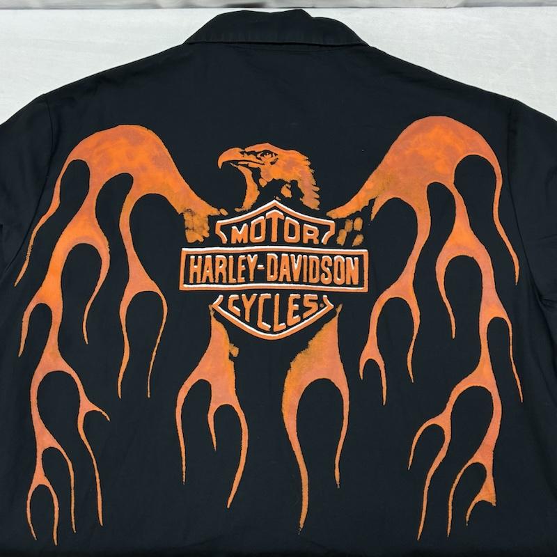 ハーレーダビッドソン Harley-Davidson シャツ、ブラウス 半袖 イーグル ファイヤー プリント 半袖 オープンカラー ボックス シャツ S 黒 / ブラック / black メンズ USED 古着 中古 50163932
