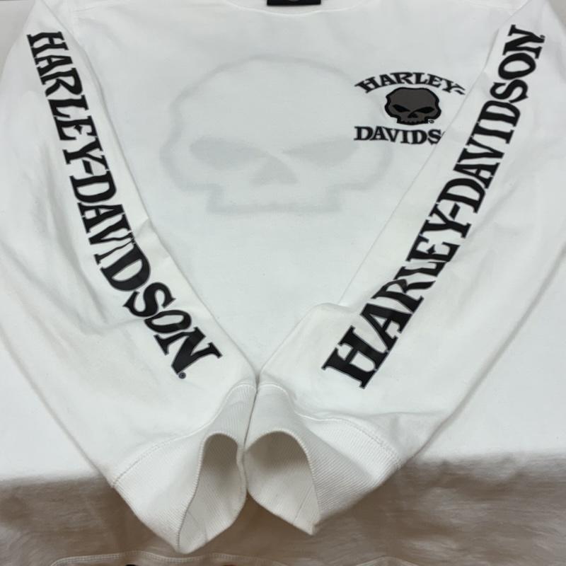 ハーレーダビッドソン Harley-Davidson Tシャツ 長袖 スリーブロゴ スカル クルーネック 長袖 Tシャツ ロンT S 白 / ホワイト / white メンズ USED 古着 中古 50163935