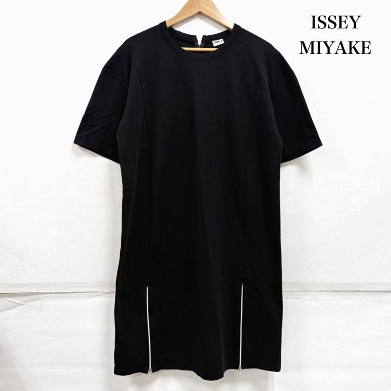 イッセイミヤケ ISSEY MIYAKE ワンピース ひざ丈スカート ORJ HaaT スポーツライン 半袖 ストレッチワンピース 裾ジップ オーバーサイズ HA95JT285 日本製 3 無地 X ワンポイント X ロゴ、文字 X プリント 黒 / ブラック / black レディース USED 古着 中古 50163976
