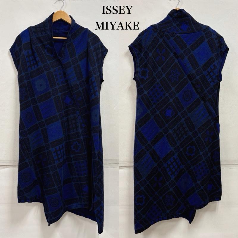 イッセイミヤケ ISSEY MIYAKE ワンピース ロングスカート HaaT 幾何学模様 和柄 ウール ノースリーブ アシンメトリー ワンピース HA63JH246 3 幾何柄 青 / ブルー / blue X 黒 / ブラック / black レディース USED 古着 中古 50163977