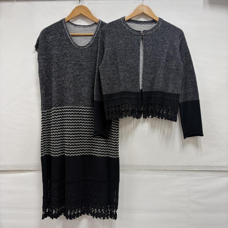 イッセイミヤケ ISSEY MIYAKE ワンピース ロングスカート HaaT ウール カーディガン セット アンサンブル レース ワンピース HA71KO321 HA71KT322 3 ボーダー柄 黒 / ブラック / black X 灰 / グレー / gray X 白 / ホワイト / white レディース USED 古着 中古 50163984