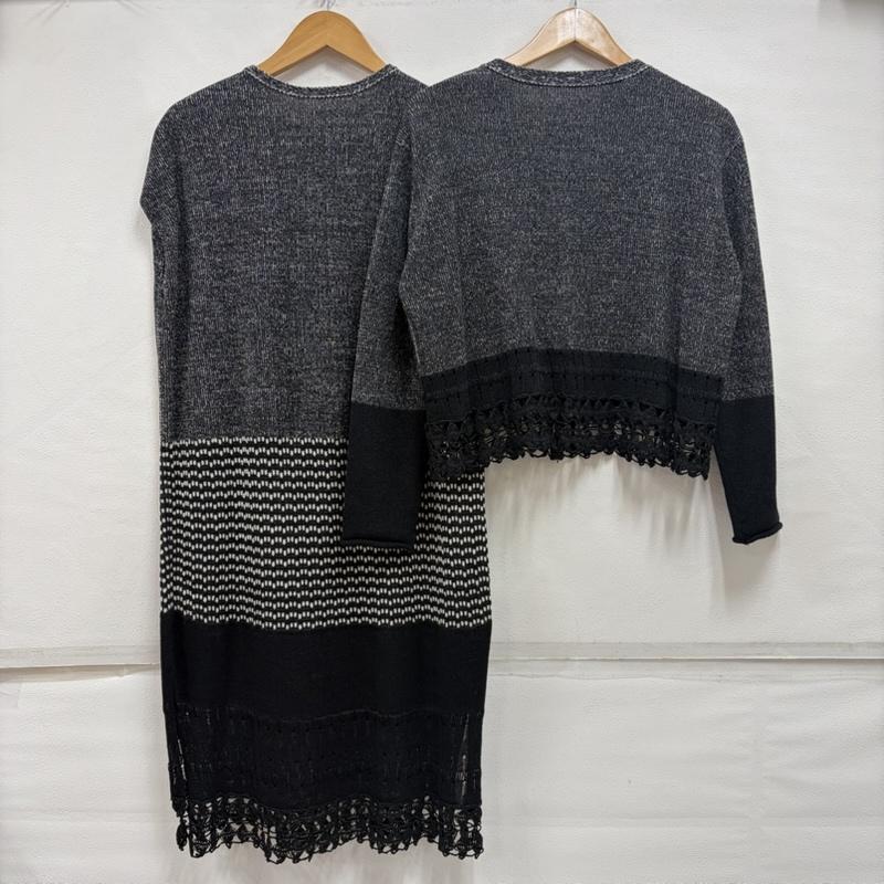 イッセイミヤケ ISSEY MIYAKE ワンピース ロングスカート HaaT ウール カーディガン セット アンサンブル レース ワンピース HA71KO321 HA71KT322 3 ボーダー柄 黒 / ブラック / black X 灰 / グレー / gray X 白 / ホワイト / white レディース USED 古着 中古 50163984
