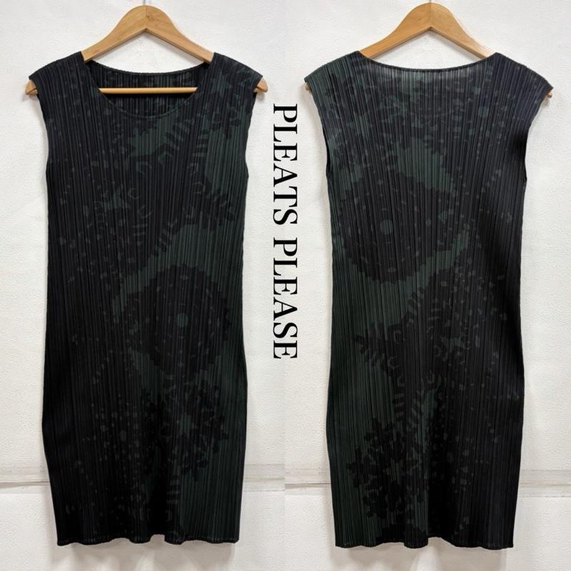 プリーツプリーズ PLEATS PLEASE ワンピース ひざ丈スカート ISSEY MIYAKE イッセイミヤケ ノースリーブ フレンチスリーブ プリーツ ワンピース プリント PP43-JT806 3 プリント X 総柄 緑 / グリーン / green X 黒 / ブラック / black レディース USED 古着 中古 50163993