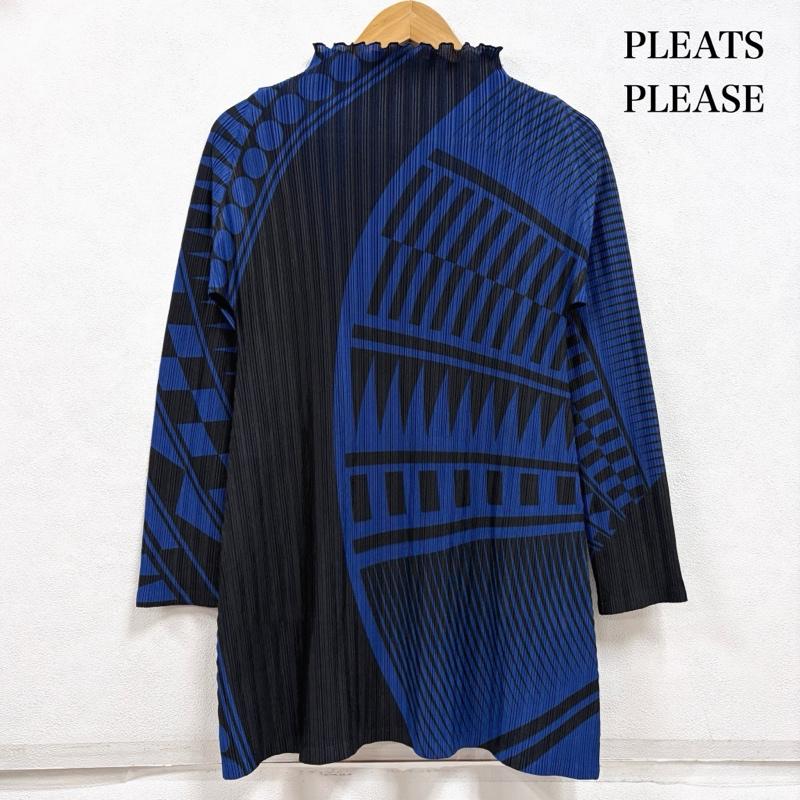 プリーツプリーズ PLEATS PLEASE カットソー 長袖 総柄プリント 長袖 ロングスリーブ カットソー ハイネック チュニック ワンピース PP51-FT344 3 プリント 青 / ブルー / blue X 黒 / ブラック / black レディース USED 古着 中古 50163994
