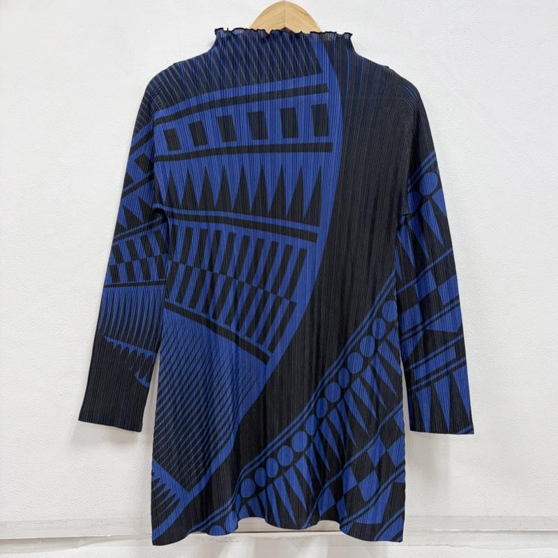 プリーツプリーズ PLEATS PLEASE カットソー 長袖 総柄プリント 長袖 ロングスリーブ カットソー ハイネック チュニック ワンピース PP51-FT344 3 プリント 青 / ブルー / blue X 黒 / ブラック / black レディース USED 古着 中古 50163994