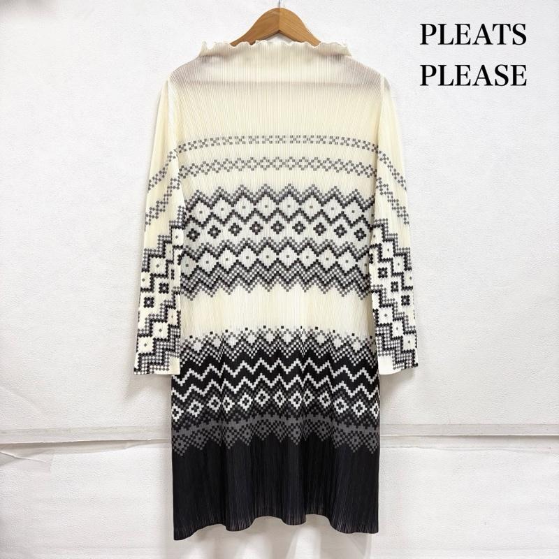 プリーツプリーズ PLEATS PLEASE ワンピース ひざ丈スカート ISSEY MIYAKE イッセイミヤケ 長袖 ハイネック プリーツ プリント ワンピース ノルディック PP43-FH394 3 プリント 白 / ホワイト / white X 灰 / グレー / gray X 黒 / ブラック / black レディース USED 古着 中古 50163995