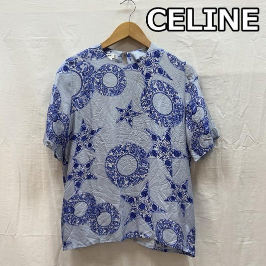 セリーヌ CELINE カットソー 半袖 フランス製 シルク100％ D-TK9264 クルーネック 半袖 ブラウス 36 水色 / ライトブルー / X 白 / ホワイト / white レディース USED 古着 中古 50164026