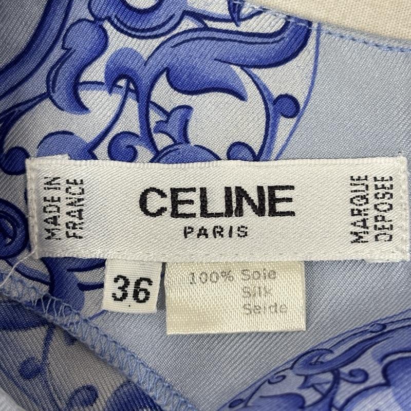 セリーヌ CELINE カットソー 半袖 フランス製 シルク100％ D-TK9264 クルーネック 半袖 ブラウス 36 水色 / ライトブルー / X 白 / ホワイト / white レディース USED 古着 中古 50164026