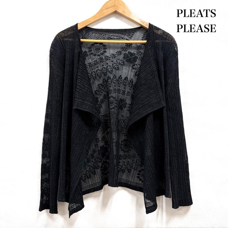 プリーツプリーズ PLEATS PLEASE カーディガン 長袖 ISSEY MIYAKE イッセイミヤケ フラワーレース カットソー カーディガン PP23-J0615 3 無地 黒 / ブラック / black レディース USED 古着 中古 50164170