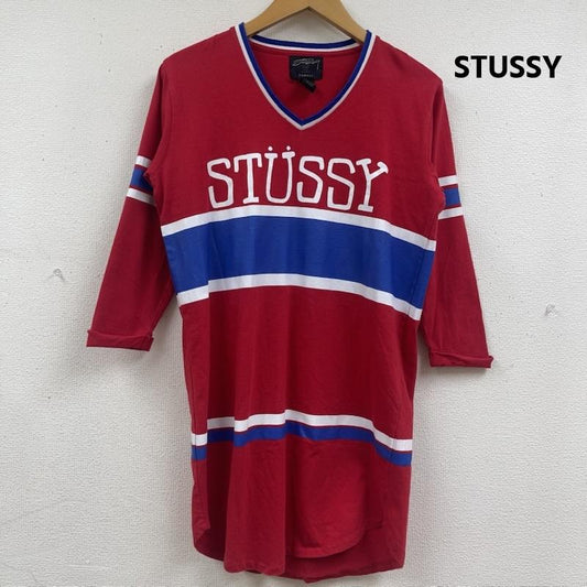 ステューシー STUSSY シャツワンピース 七分丈 ロゴ プリント Vネック七分袖 Tシャツ チュニック ワンピース XS 赤 / レッド / red レディース USED 古着 中古 50164173