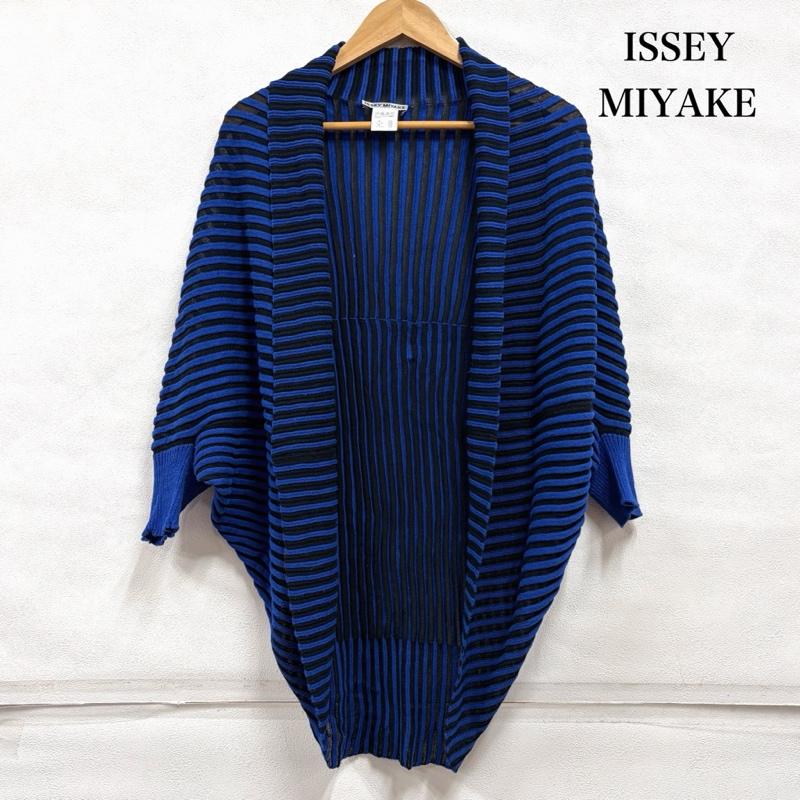 イッセイミヤケ ISSEY MIYAKE カーディガン 半袖 ボーダー ボレロ カーディガン 薄手 ニット ジャケット レーヨン リネン ドルマン 2 ボーダー柄 黒 / ブラック / black X 青 / ブルー / blue レディース USED 古着 中古 50164254