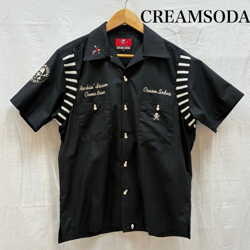 クリームソーダ CREAMSODA シャツ、ブラウス 半袖 スカル ワッペン チェーンステッチ オープンカラー ボーリング シャツ M メンズ USED 古着 中古 50164291
