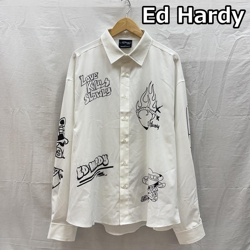 エドハーディー Ed Hardy シャツ、ブラウス 長袖 スカル ロゴ グラフィック プリント オーバーサイズ 長袖 シャツ 41251401 L 白 / ホワイト / white メンズ USED 古着 中古 50164296
