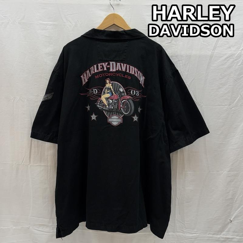 ハーレーダビッドソン Harley-Davidson シャツ、ブラウス 半袖 バイクガール ロゴ V-TWIN POWER オープンカラー 半袖 ボックス シャツ - 黒 / ブラック / black メンズ USED 古着 中古 50164303
