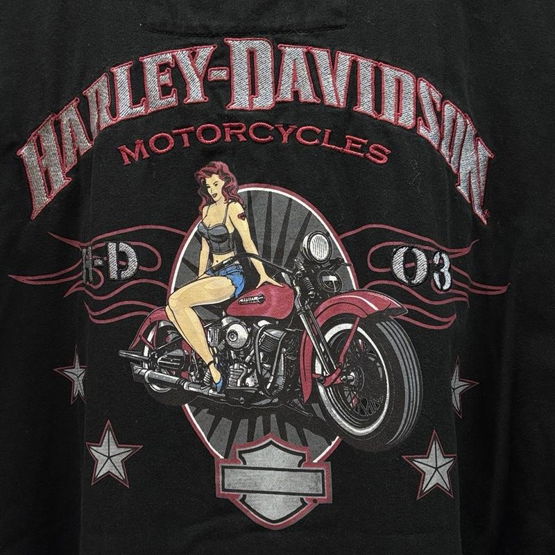 ハーレーダビッドソン Harley-Davidson シャツ、ブラウス 半袖 バイクガール ロゴ V-TWIN POWER オープンカラー 半袖 ボックス シャツ - 黒 / ブラック / black メンズ USED 古着 中古 50164303