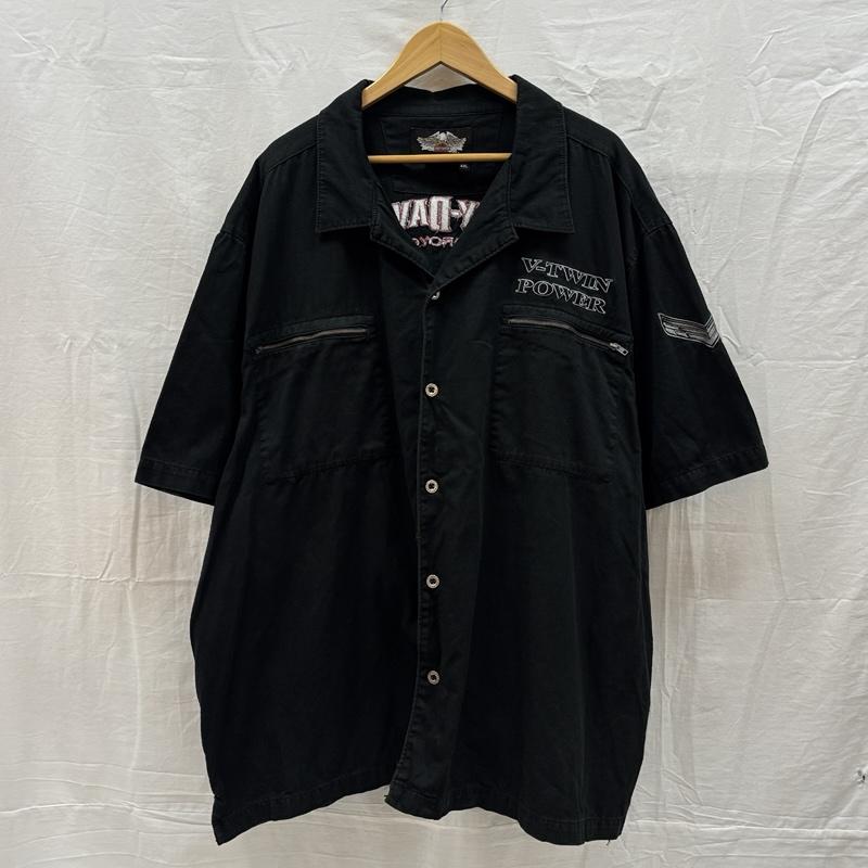 ハーレーダビッドソン Harley-Davidson シャツ、ブラウス 半袖 バイクガール ロゴ V-TWIN POWER オープンカラー 半袖 ボックス シャツ - 黒 / ブラック / black メンズ USED 古着 中古 50164303
