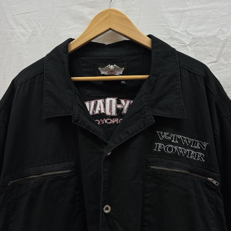 ハーレーダビッドソン Harley-Davidson シャツ、ブラウス 半袖 バイクガール ロゴ V-TWIN POWER オープンカラー 半袖 ボックス シャツ - 黒 / ブラック / black メンズ USED 古着 中古 50164303