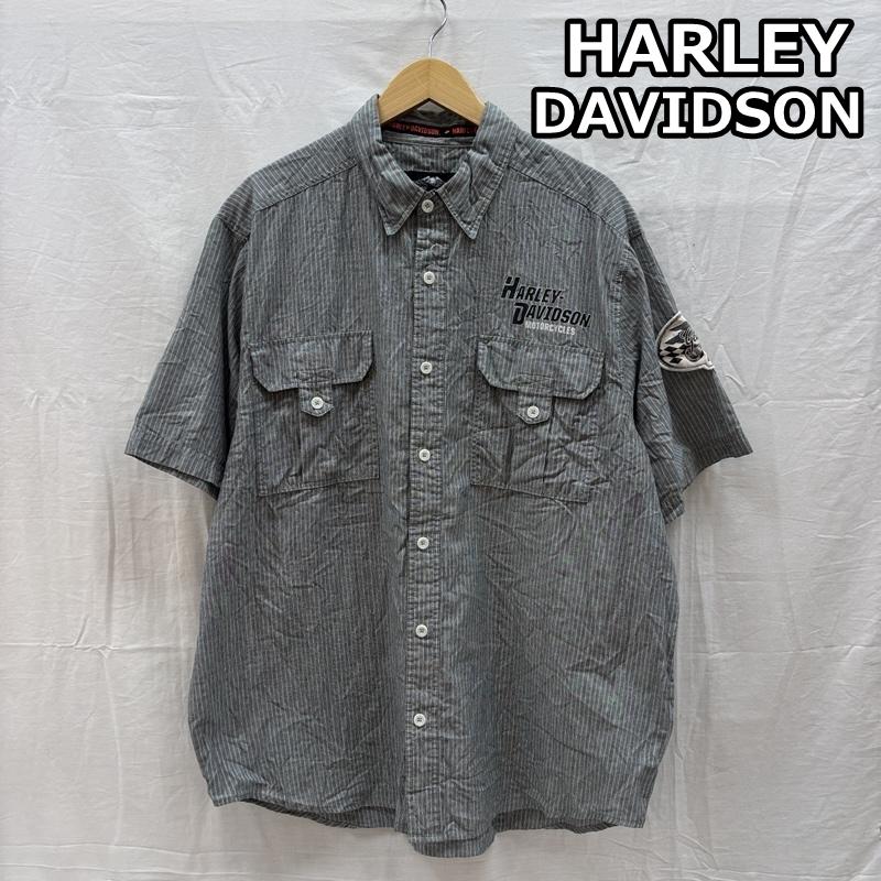 ハーレーダビッドソン Harley-Davidson シャツ、ブラウス 半袖 ロゴ ストライプ ワッペン 半袖 ワーク シャツ XL ストライプ メンズ USED 古着 中古 50164305