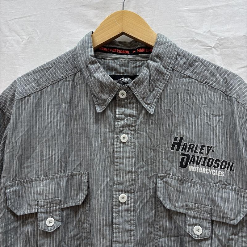 ハーレーダビッドソン Harley-Davidson シャツ、ブラウス 半袖 ロゴ ストライプ ワッペン 半袖 ワーク シャツ XL ストライプ メンズ USED 古着 中古 50164305