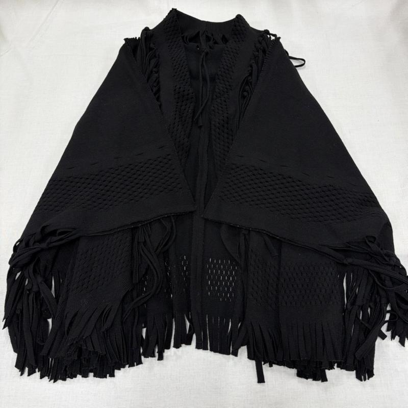 イッセイミヤケ ISSEY MIYAKE カーディガン 半袖 メッシュ ニット フリンジ フリンジ ポンチョ デザイン カーディガン IM13KO653 2 黒 / ブラック / black レディース USED 古着 中古 50164315